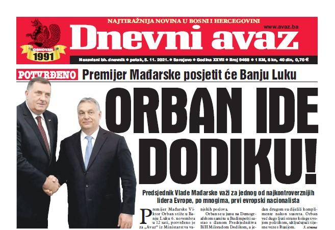 Danas u "Dnevnom avazu": Orban ide Dodiku!