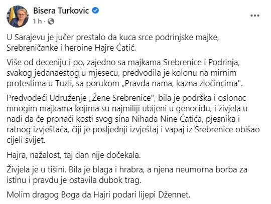 Objava Turković na Facebooku - Avaz