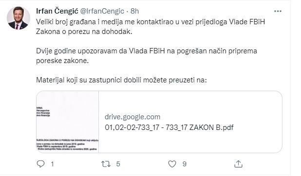 Objava Čengića na Twitteru - Avaz
