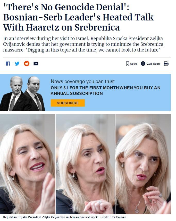 Intervju Cvijanovićke za Haaretz - Avaz