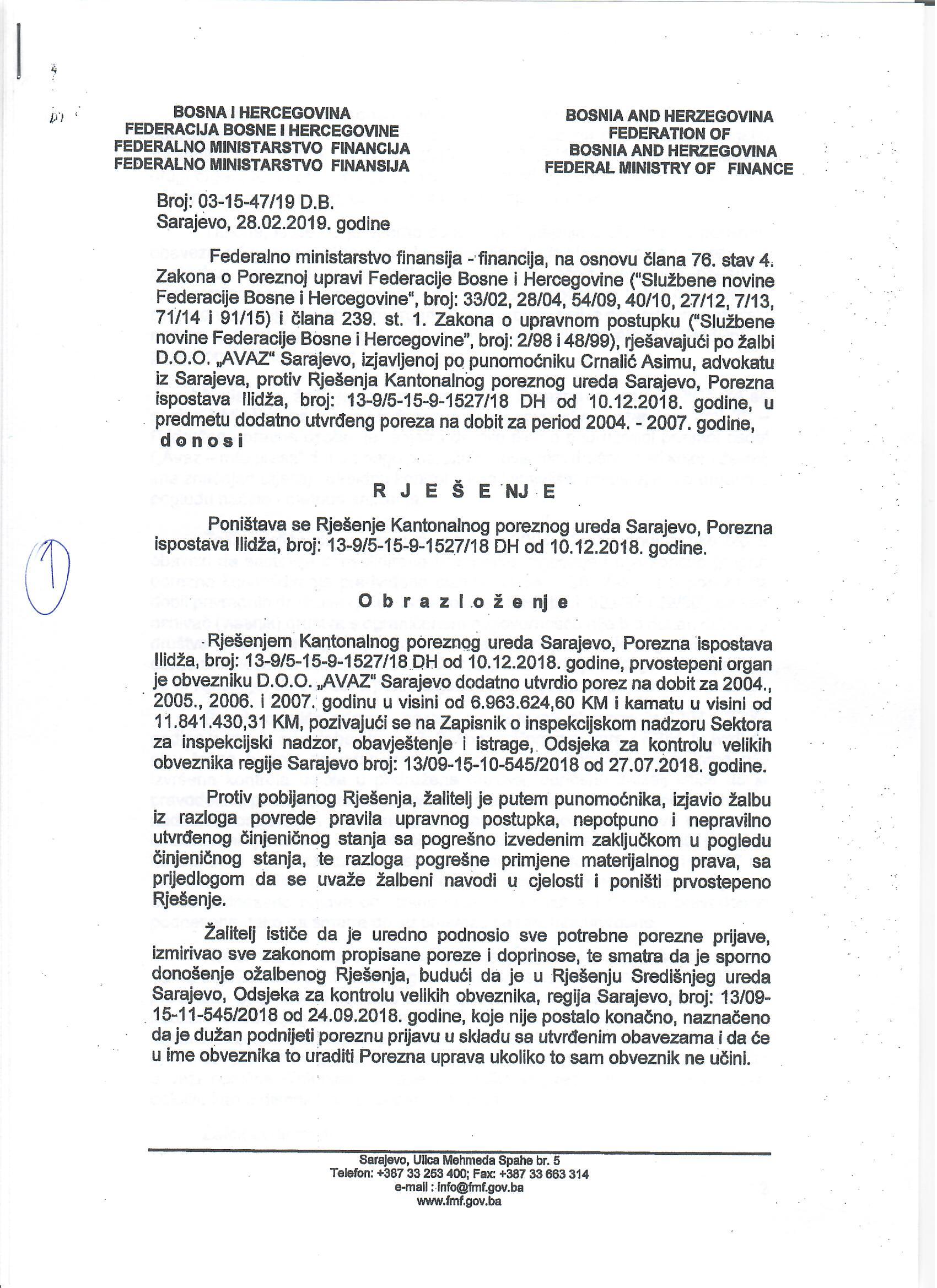 Rješenje Federalnog ministarstva financija-finansija o poništenju Rješenja Kantonalnog poreznog ureda Sarajevo - Avaz