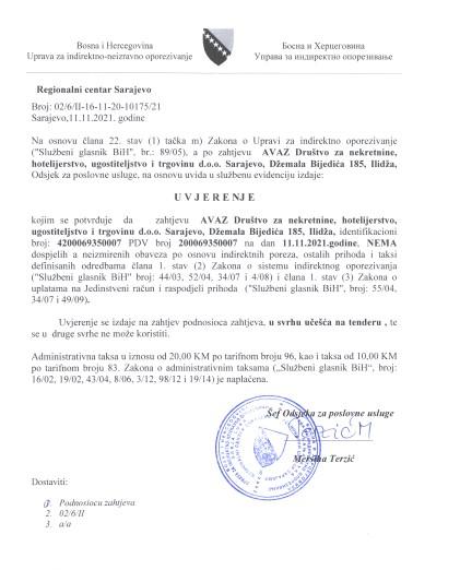 Uvjerenje Porezne uprave Federacije BiH da kompanija “Avaz” d.o.o. ne duguje nikakav porez - Avaz