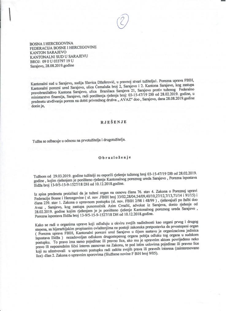 Decision of the Cantonal Court in Sarajevo, rejecting the lawsuit of the Sarajevo Cantonal Tax Office, to which there is no right of appeal - Avaz