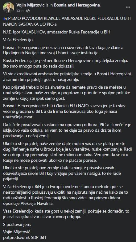 Objava Vojina Mijatovića na Facebooku - Avaz