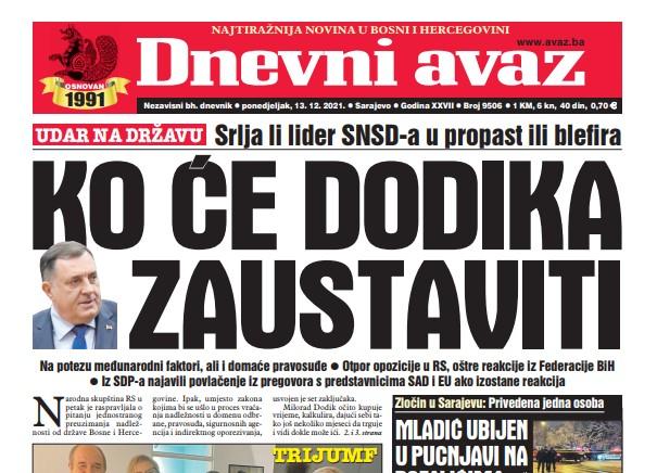Današnji "Dnevni avaz": Ko će Dodika zaustaviti