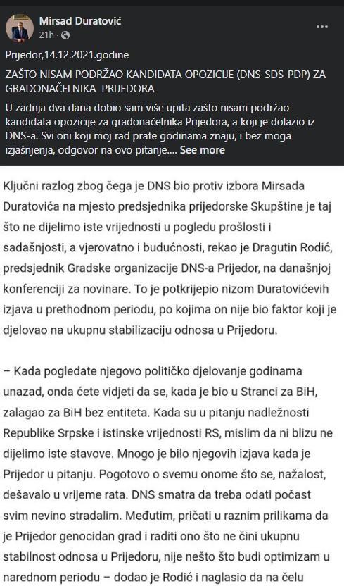Status Duratovića na Facebooku - Avaz