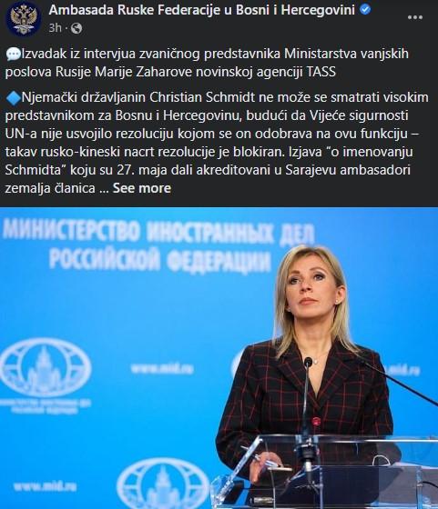 Objava na Facebook stranici Ambasade Ruske Federacije u BiH - Avaz