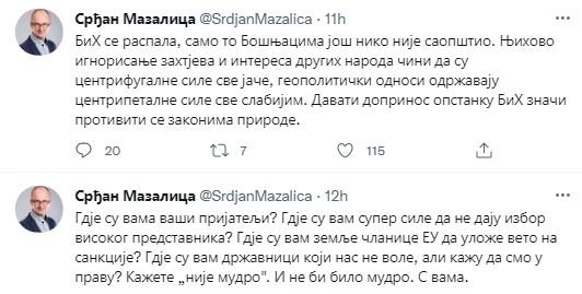 Statusi Srđana Mazalice na Twitteru - Avaz