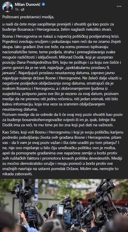 Status Milana Dujmovića na Facebooku - Avaz