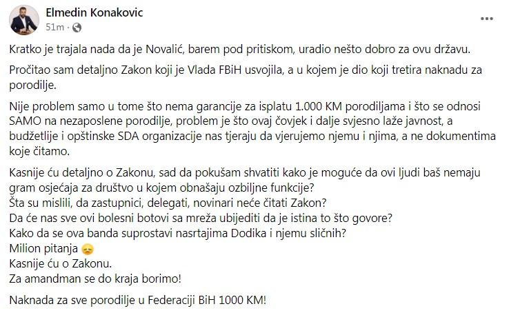 Status Konakovića na Facebooku - Avaz