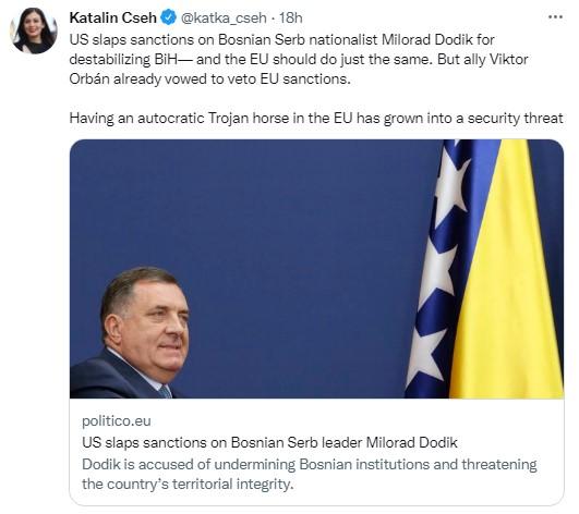 Objava članice Evropskog parlamenta Ketalin Čeh na Twitteru - Avaz