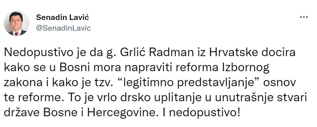 Objava Senadina Lavića na Twitteru - Avaz