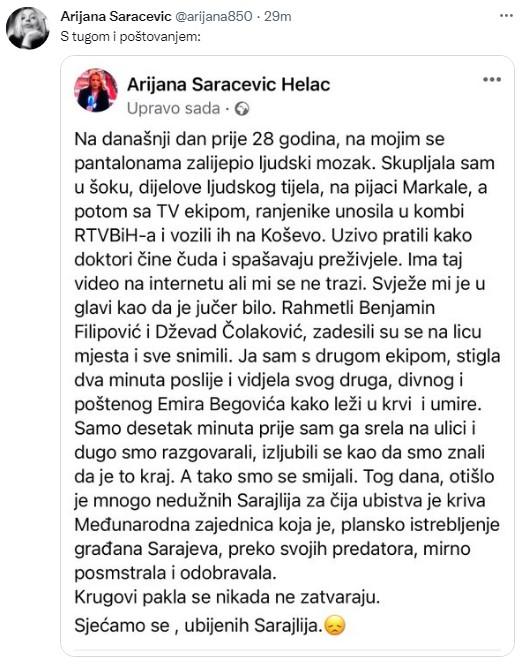 Objava Arijane Saračević-Helać - Avaz
