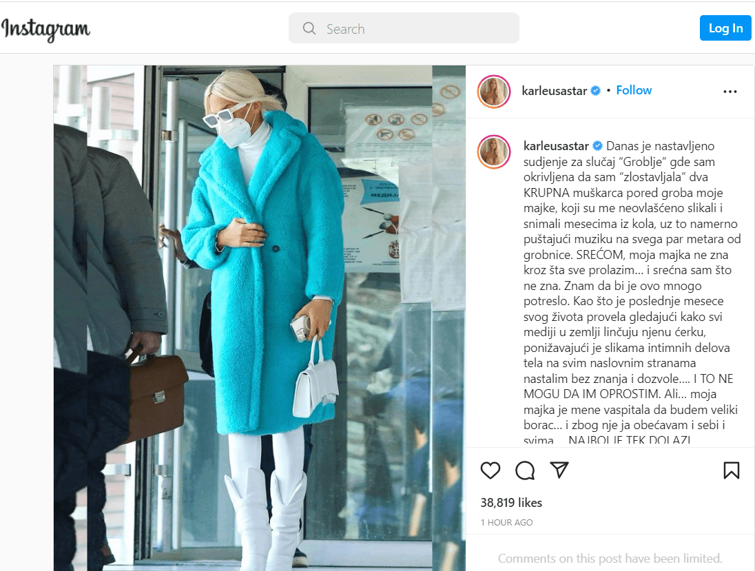 Objava Jelene Karleuše na Instagramu - Avaz