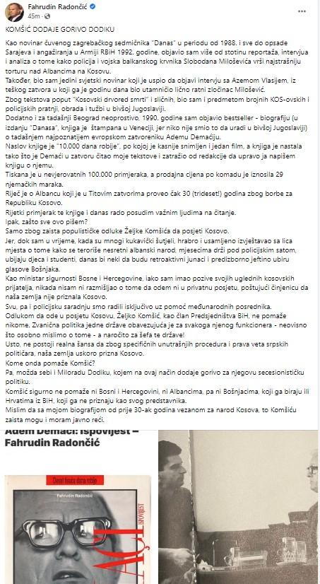 Objava Fahrudina Radončića - Avaz