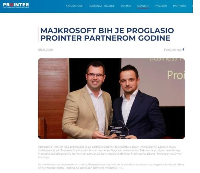 Microsoft BiH proglasio Prointer partnerom 2018. godine - Avaz