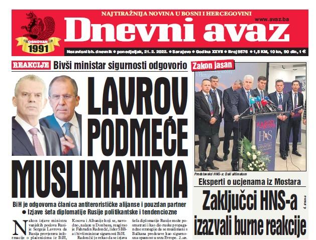 Danas u "Dnevnom avazu" čitajte: Lavrov podmeće muslimanima
