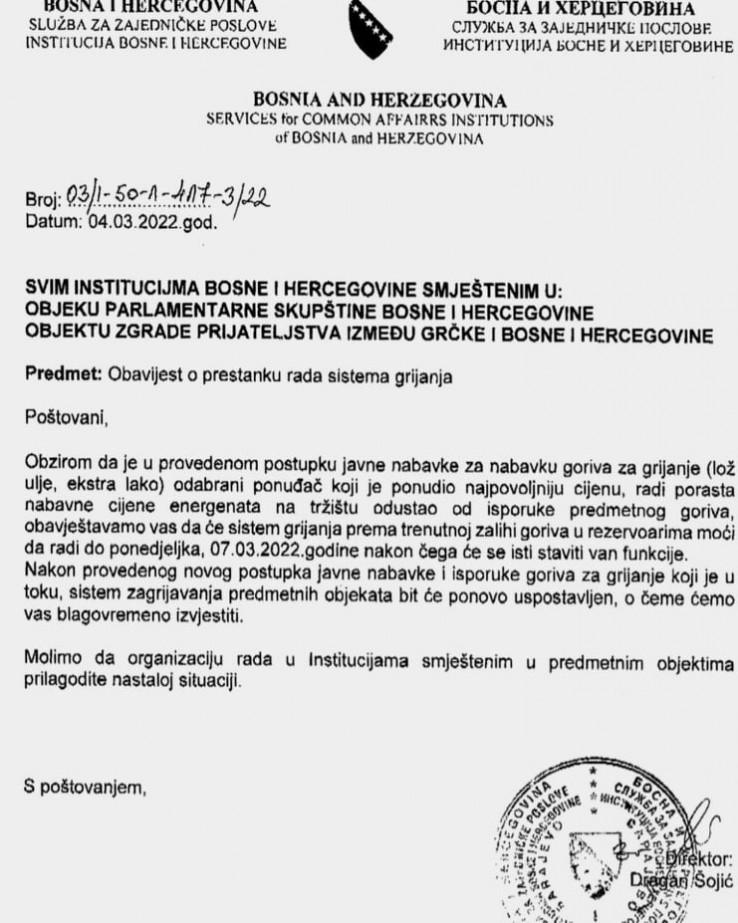 Služba za zajedničke poslove BiH obavijestila je 4.marta sve institucije o prestanku rada grijanja - Avaz