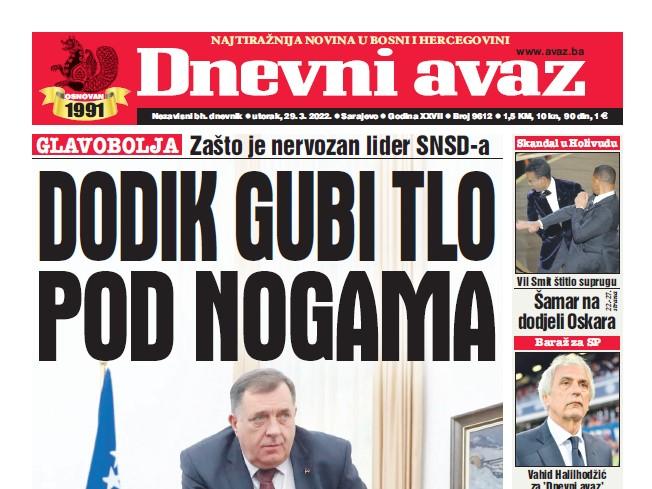 Danas u "Dnevnom avazu" čitajte: Dodik gubi tlo pod nogama