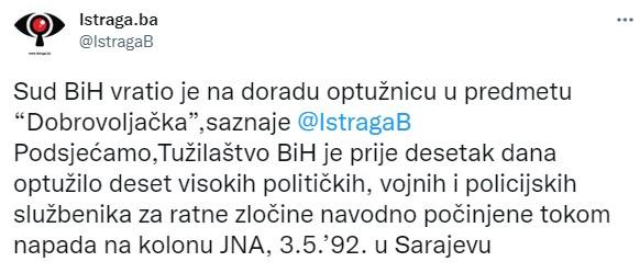 Objava portala Istraga.ba na Twitteru - Avaz