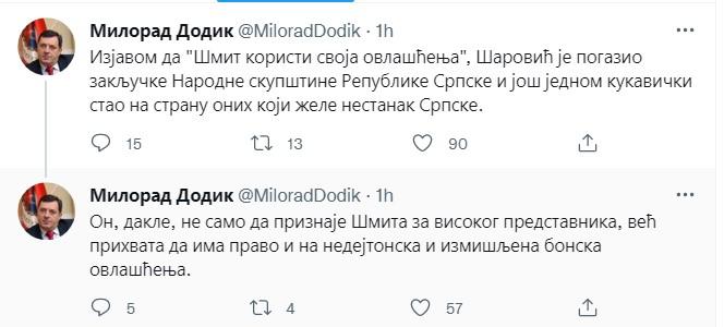 Tweetovi Milorada Dodika - Avaz
