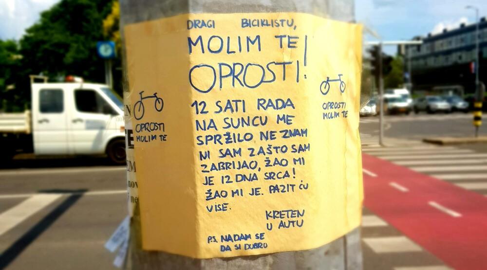U Zagrebu osvanula poruka: "Dragi biciklistu, oprosti - kreten u autu"