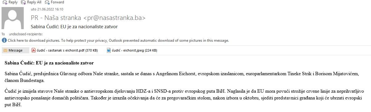 Prvi mail koji su poslali iz Naše stranke medijima - Avaz