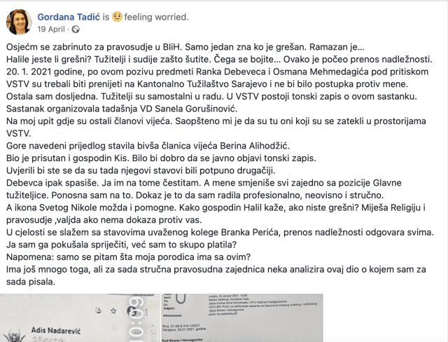 Objava Gordane Tadić na Facebooku - Avaz