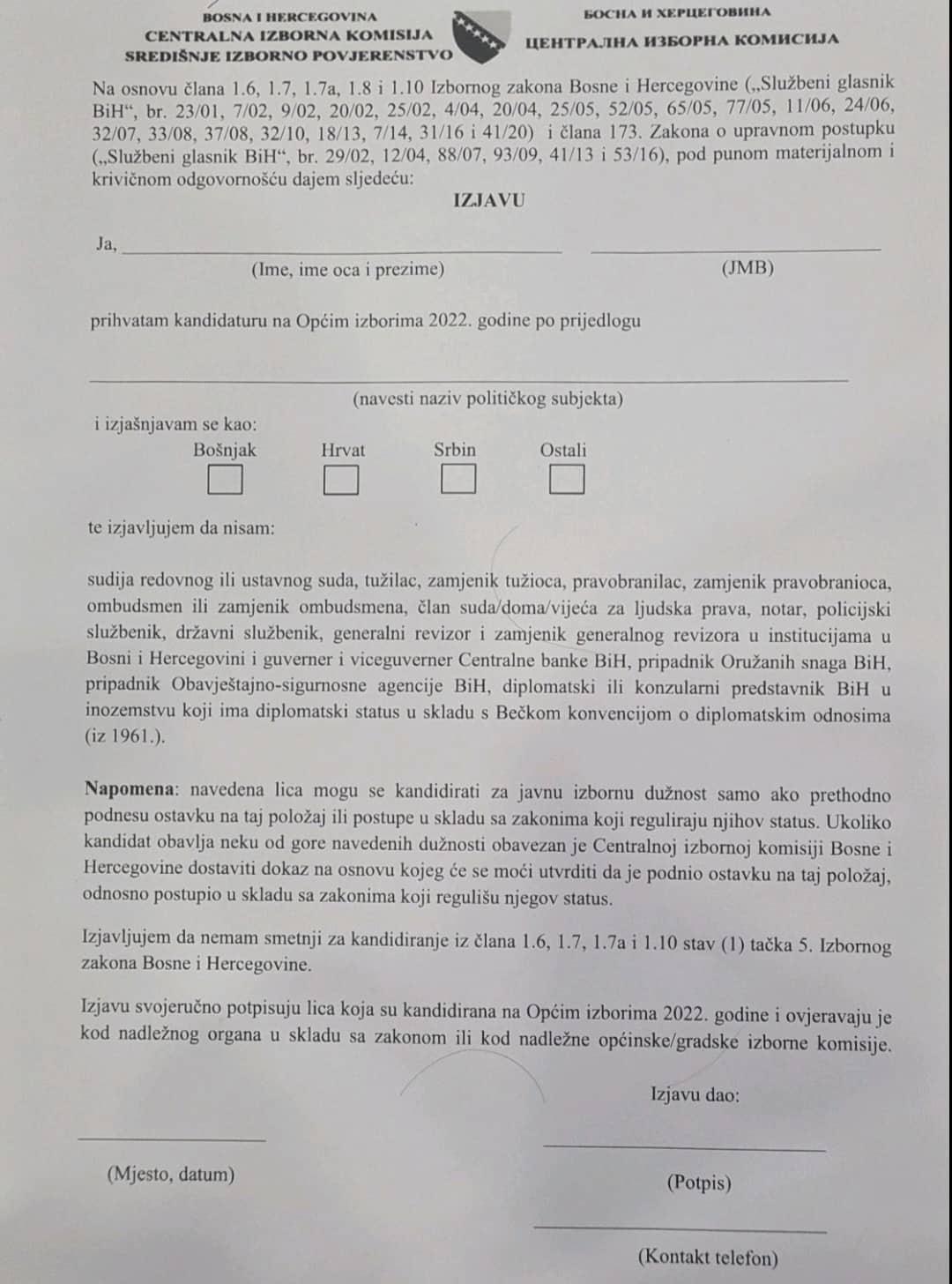 Izjava koju bi Šehović morao potpisati ako bi se želio kandidirati za člana Predsjedništva BiH - Avaz