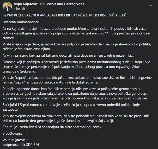 Objava Vojina Mijatovića - Avaz