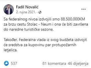 Objava  Novalića iz septembra 2021. godine - Avaz