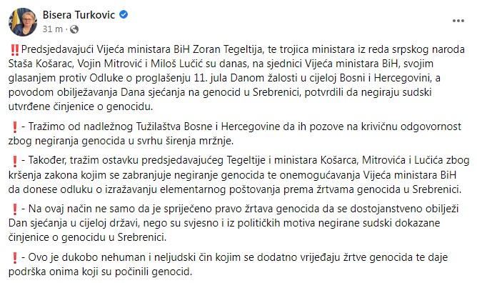 Objava Turković na Facebooku - Avaz