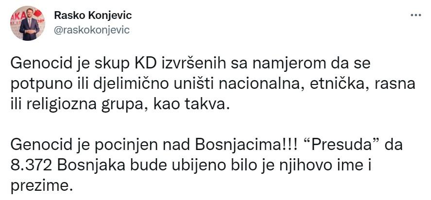 Objava Konjevića na Twitteru - Avaz