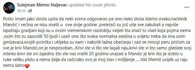 Objava Haljevca na Facebooku - Avaz