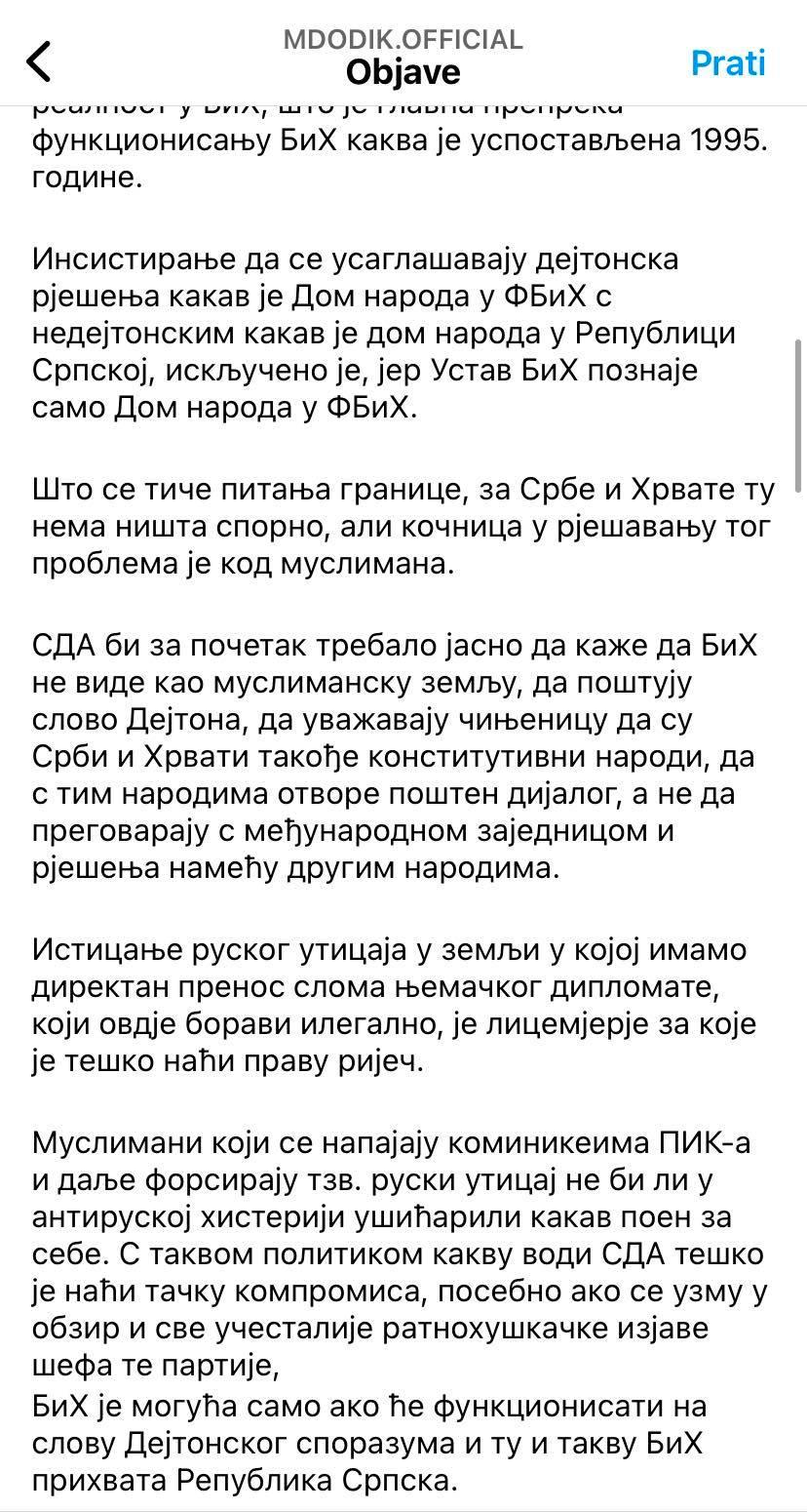 Objava Dodika na Instagramu - Avaz