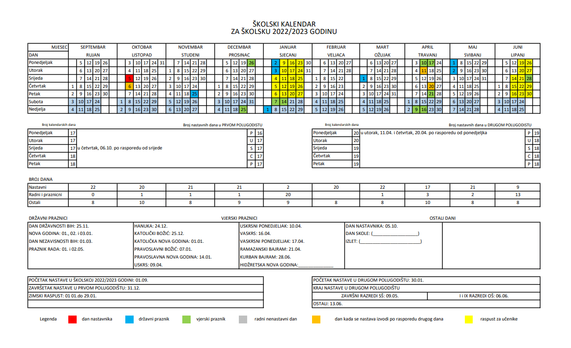 Školski kalendar za 2022./2023. godinu - Avaz