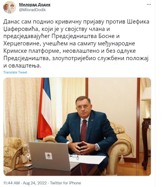 Objava Dodika na Twitteru - Avaz