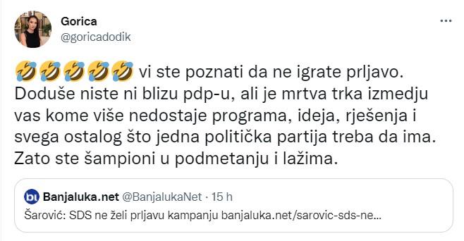 Objava Gorice Dodik na Twitteru - Avaz