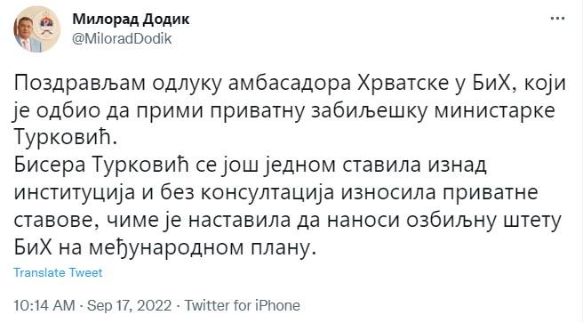 Objava Milorada Dodika na Twitteru - Avaz