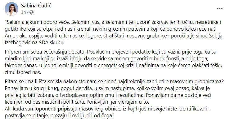 Objava Ćudić na Facebooku - Avaz