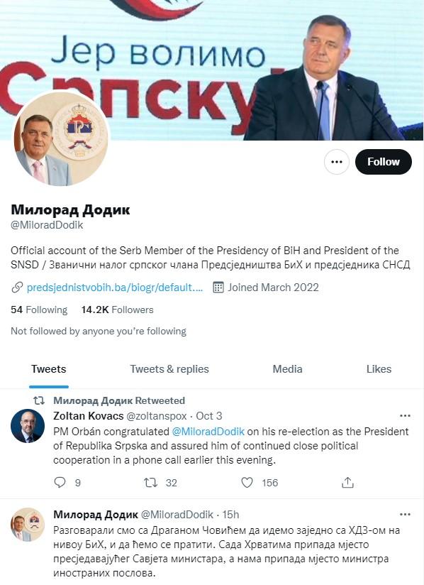 Dodik obrisao objavu na Twitteru - Avaz