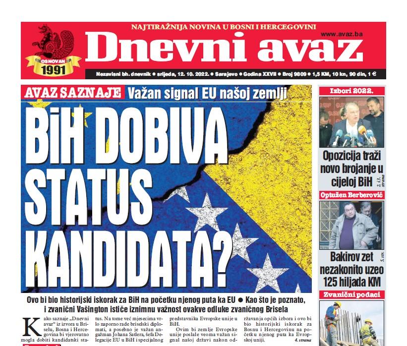 Danas u "Dnevnom avazu" čitajte: BiH dobiva status kandidata?