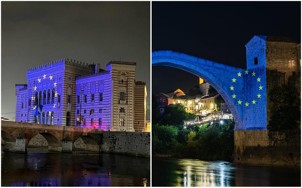 Vijećnica i Stari most u bojama zastave EU - Avaz