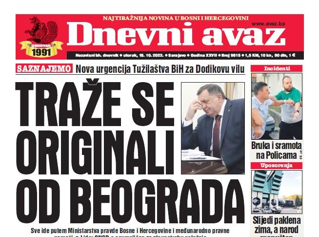 Danas u "Dnevnom avazu" čitajte: Traže se originali od Beograda
