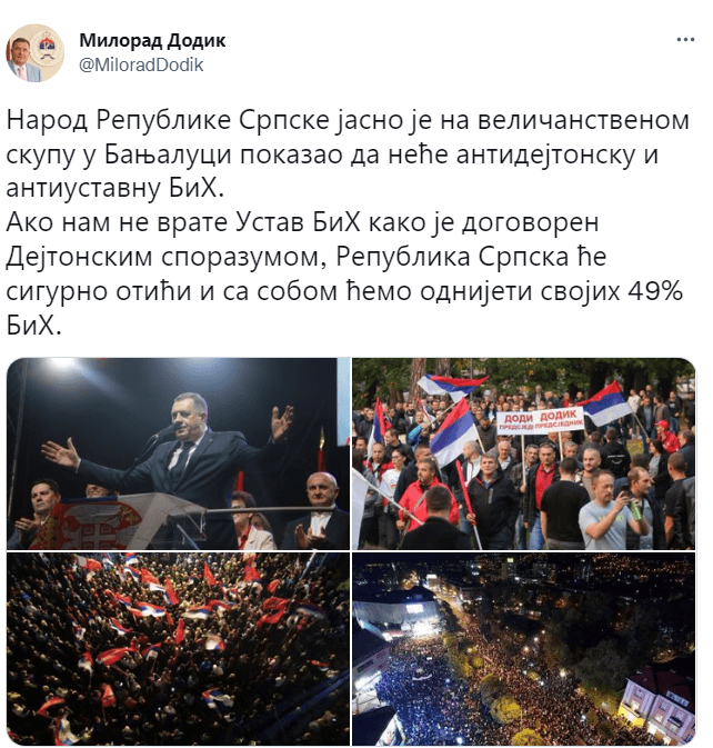 Tvit Milorada Dodika - Avaz