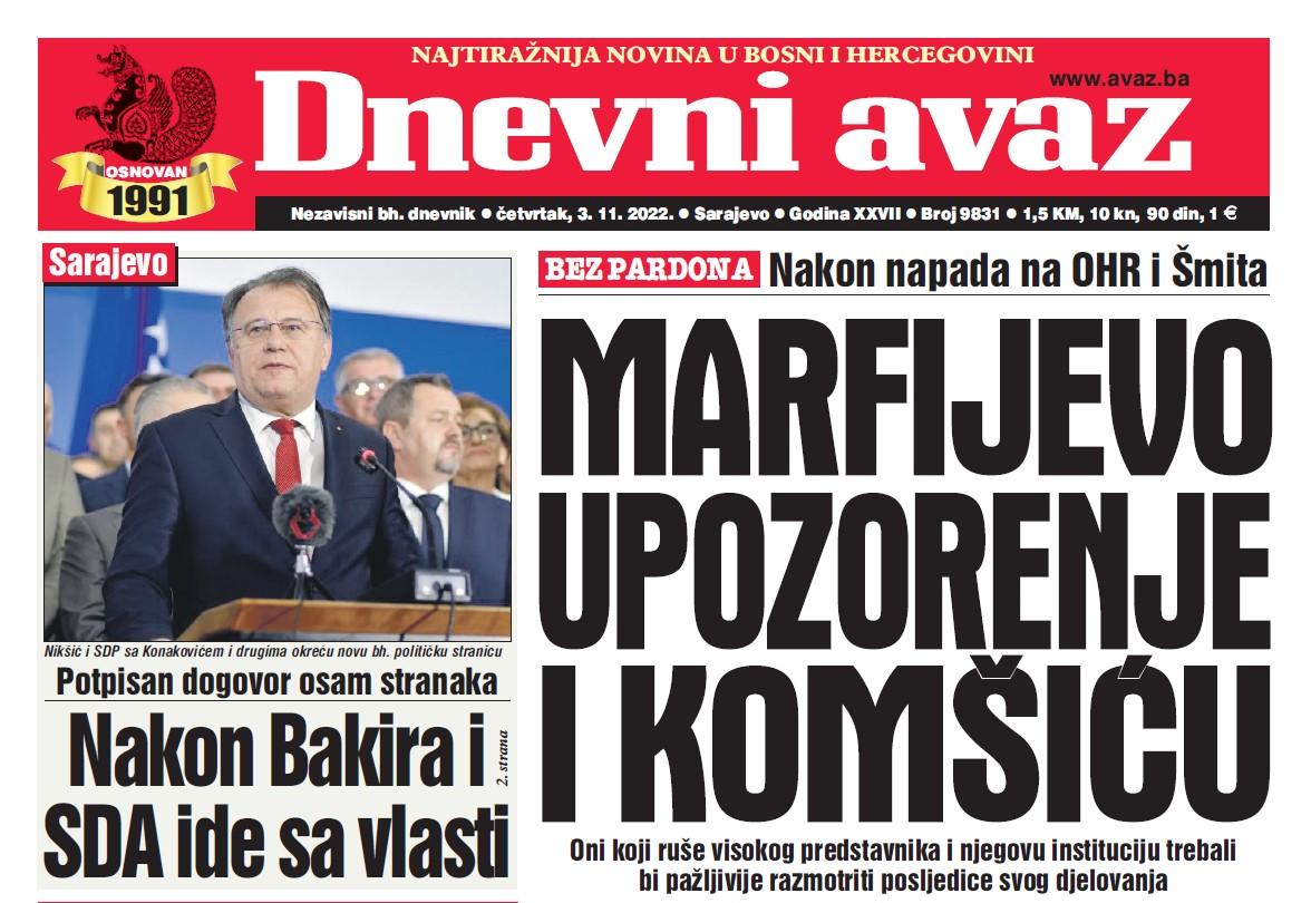 Danas u "Dnevnom avazu" čitajte: Marfijevo upozorenje i Komšiću