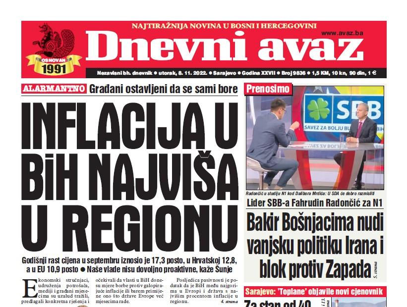 Danas u "Dnevnom avazu" čitajte: Inflacija u BiH najviša u regionu