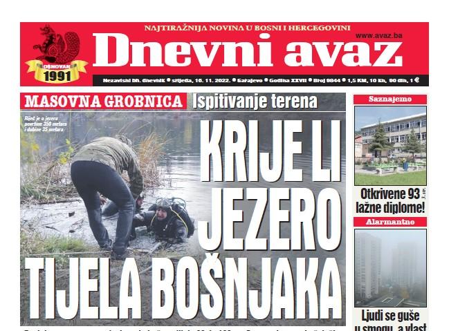 Danas u "Dnevnom avazu" čitajte: Krije li jezero tijela Bošnjaka
