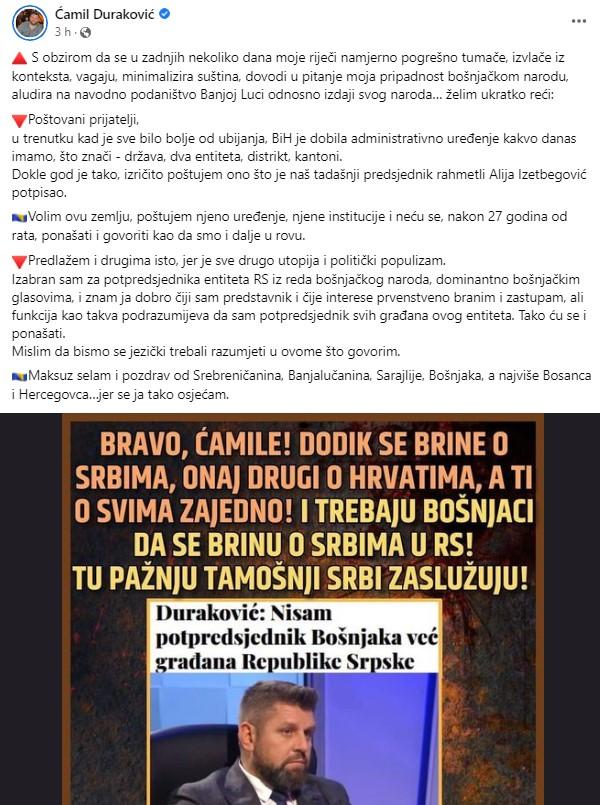 Objava Durakovića na Facebooku - Avaz