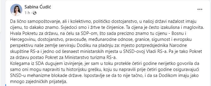 Facebook status Sabine Ćudić - Avaz